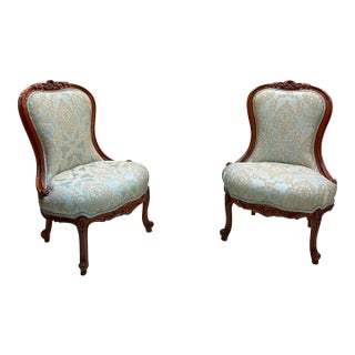 French Louis XV Armchair – Sky Blue Damask Upholstery With Ornate Wood Frame For Sale
