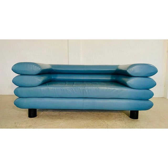Postmodern Vintage Postmodern Swedish Turquoise Leather Stacked Sofa, 1980 For Sale - Image 3 of 18