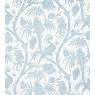 The House of Scalamandré Balinese Peacock Linen Print Fabric, Sky For Sale