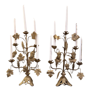 Candelabra Pair French Altar Style Gilt Metal Grape Wheat Five Light 21.25”