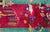 A charming early 20th century Chinese Art Deco rug with a cranberry field featuring a multi-colored whipping willow tree...