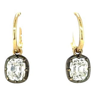 3.00 Carats Old Mine Cut Diamond Drop Hoop Earrings, Pair For Sale