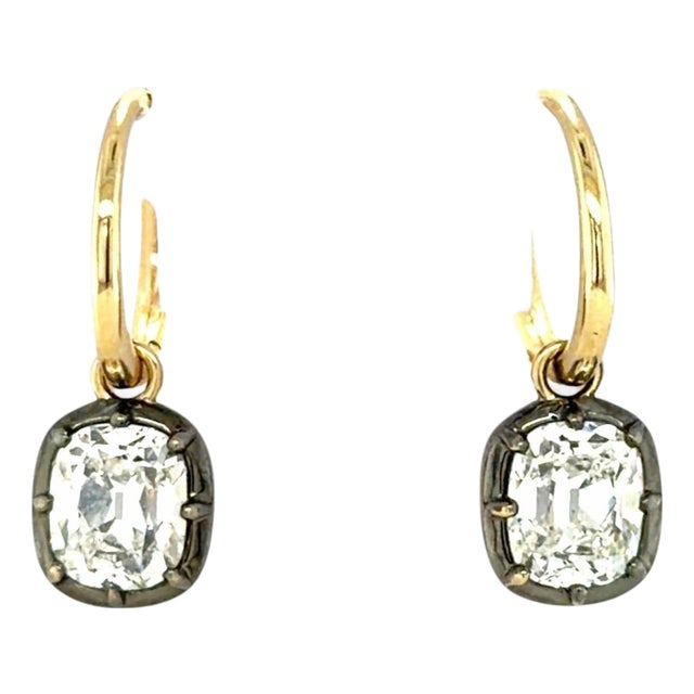 3.00 Carats Old Mine Cut Diamond Drop Hoop Earrings, Pair For Sale