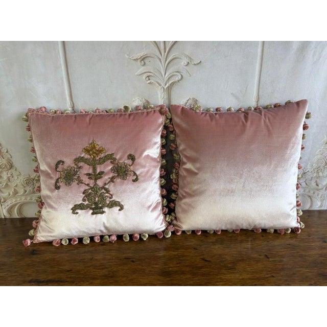 Pair of French Couture Blush Silk Velvet Pillows With 19th Century Appliques' For Sale - Image 10 of 12