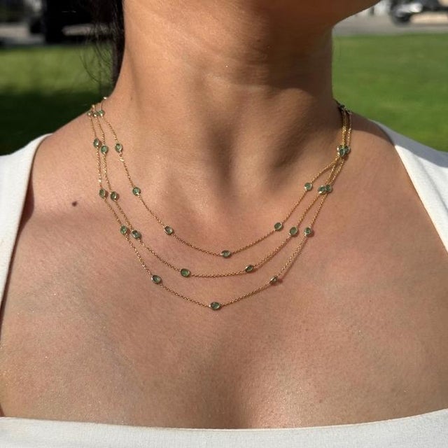 Bohemian Chic 5.15ct Emerald Station Multi-Strand Necklace in 14k Yellow Gold For Sale - Image 9 of 14
