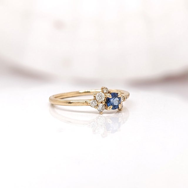 2020s Cute Sapphire Ring W Earth Mined Diamonds in Solid 14k Yellow Gold | Round 4mm, Size 6.75 For Sale - Image 5 of 11
