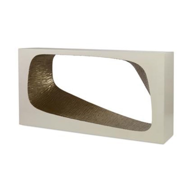 2010s Sculptural Ivory Lacquer Console Table With Textured Bronze Leaf Inset For Sale - Image 5 of 5