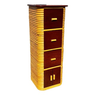1970s Restored Paul Frankl Style Stacked Rattan & Mahogany Cabinet W/ Drawers For Sale