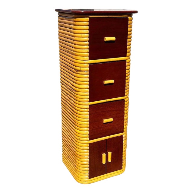 1970s Restored Paul Frankl Style Stacked Rattan & Mahogany Cabinet W/ Drawers For Sale