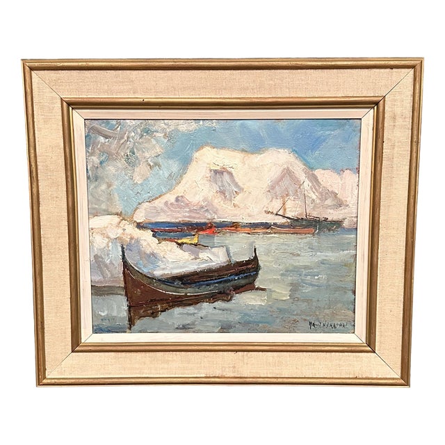 Knut Norman, Winter Harbor, 1960s, Oil Painting on Panel, Framed For Sale