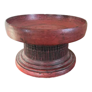 Large Antique 19th Century South East Asian Burmese Red Lacquer Wood Altar Tazza or Temple Fruit Offering Pedestal Bowl