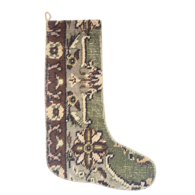 2020s Ornate Vintage Kilim Christmas Stocking, Sage & Brown Floral Border, 11.8 X 17.7 in – One of a Kind Turkish Decor For Sale - Image 5 of 7