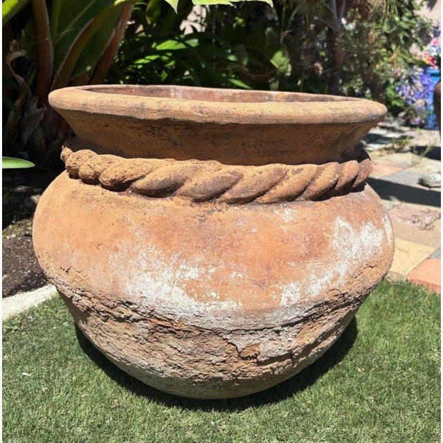 Terra Cotta Vintage Mediterranean Terracotta Garden Planter With Applied Rope Detail & Aged Patina For Sale - Image 8 of 10