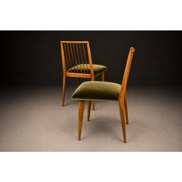 Brown Rare Set of Six Dining Chairs by Joaquim Tenreiro in Caviúna Wood & Olive Green Mohair, Brazil, 1950s For Sale - Image 8 of 16