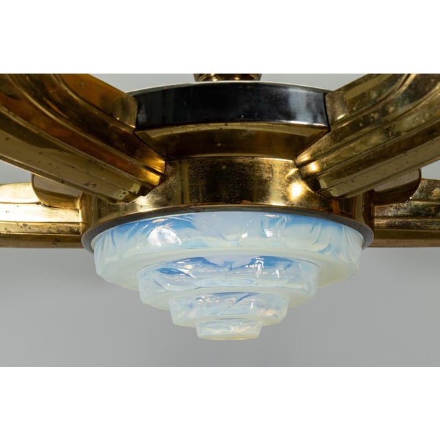 Art Deco Bronze and Opalescent Glass Six-Light Chandelier attributed to Ezan, France For Sale - Image 14 of 18