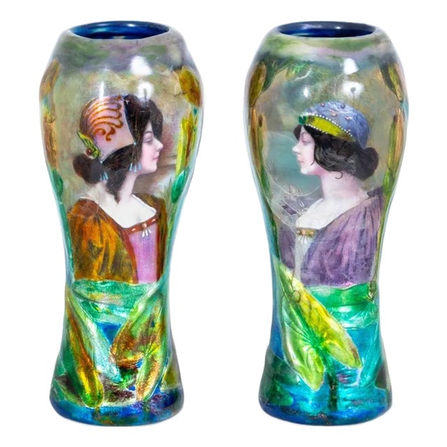 Camille Faure Attr. Enamel Portrait Vases, Pair For Sale