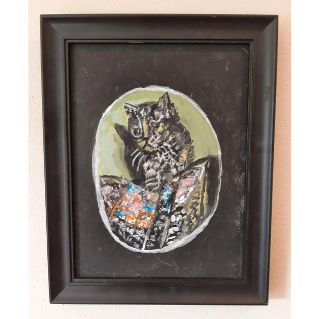 1980s Vintage Kitty Cat Painting Kitten on Quilt For Sale - Image 5 of 5
