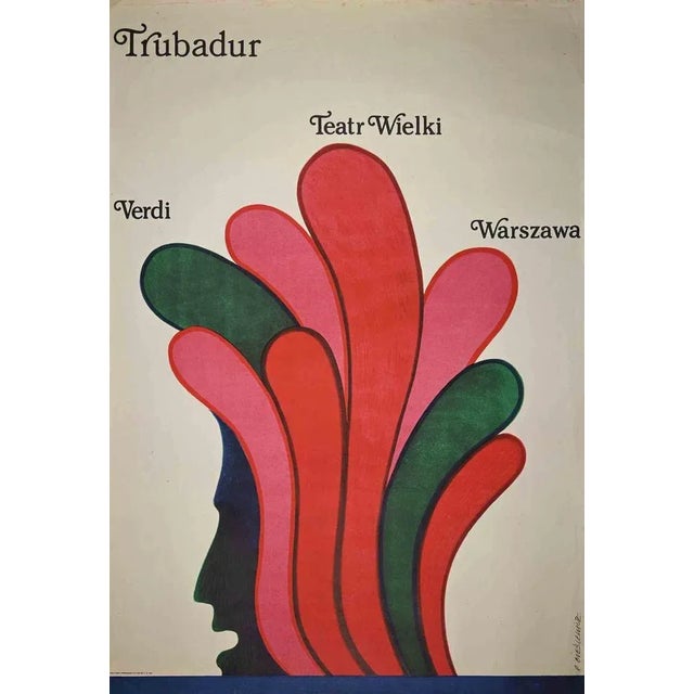 Trubadur Giuseppe Verdi Teatr Wielki is a vintage poster realized by Unknown Artist, in 1970s. Mixed colored offset print....