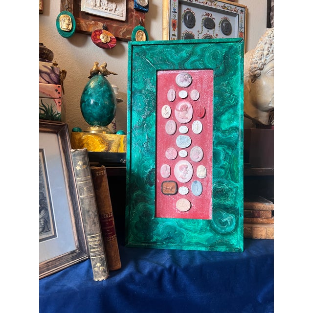 19th Century Italian Grand Tour Intaglio Collection With Painted Faux Malachite Frame For Sale - Image 12 of 12