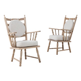20th Century French Oak Spindle Back Armchairs With Round Bouclé Cushion - A Pair For Sale