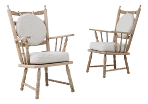 20th Century French Oak Spindle Back Armchairs With Round Bouclé Cushion - A Pair
