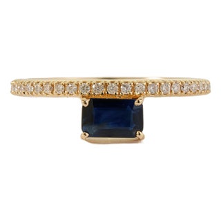 Modern East-West Emerald-Cut Blue Sapphire & Diamond Ring Size 4 in 14k Yellow Gold For Sale