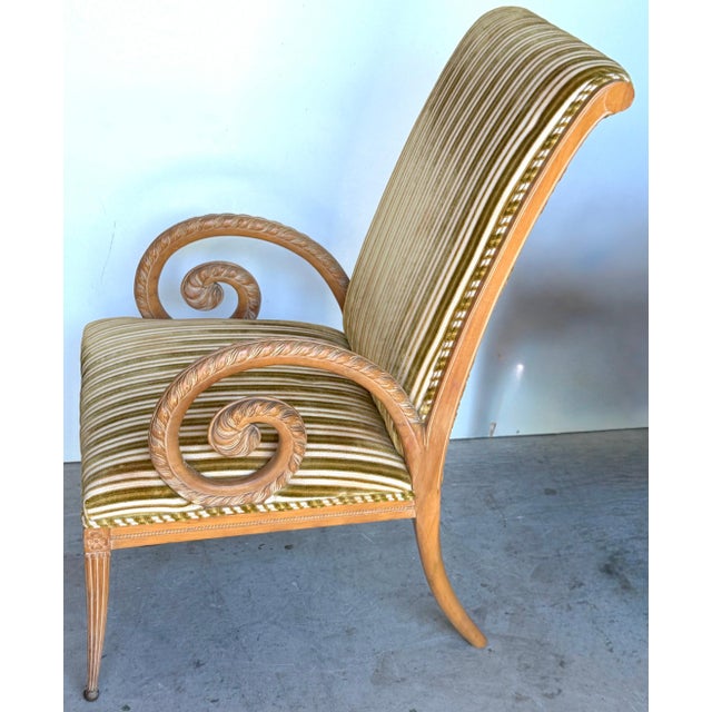 Pair French Modern Carved Feather Scroll Arm Lounge Chairs, Style Maison Jansen For Sale - Image 18 of 18