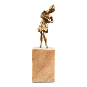 1920s Brass Art Deco Flapper Girl Sculpture on Peach Marble Obelisk