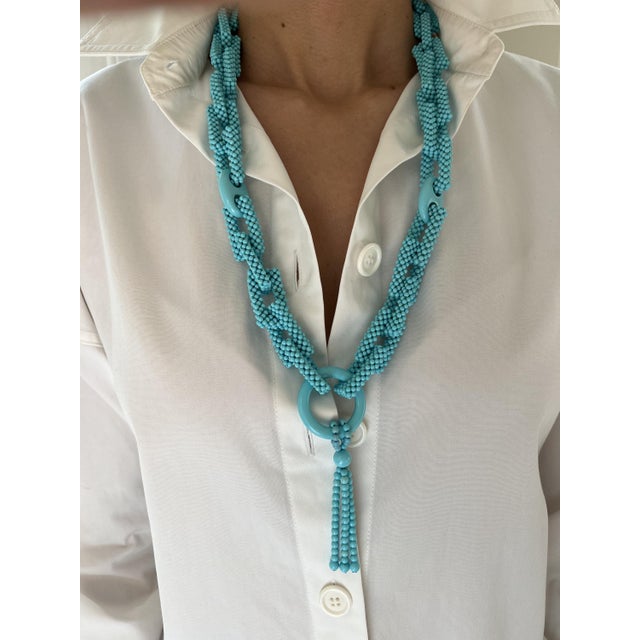 Teal Blue Turquoise Round Fancy Beads Long Tie Unique Tassel Statement Necklace For Sale - Image 10 of 10