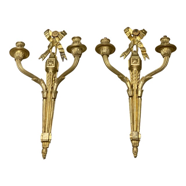 1920's Frecnh Gilt Bronze Sconces With Ribbon - Pair For Sale
