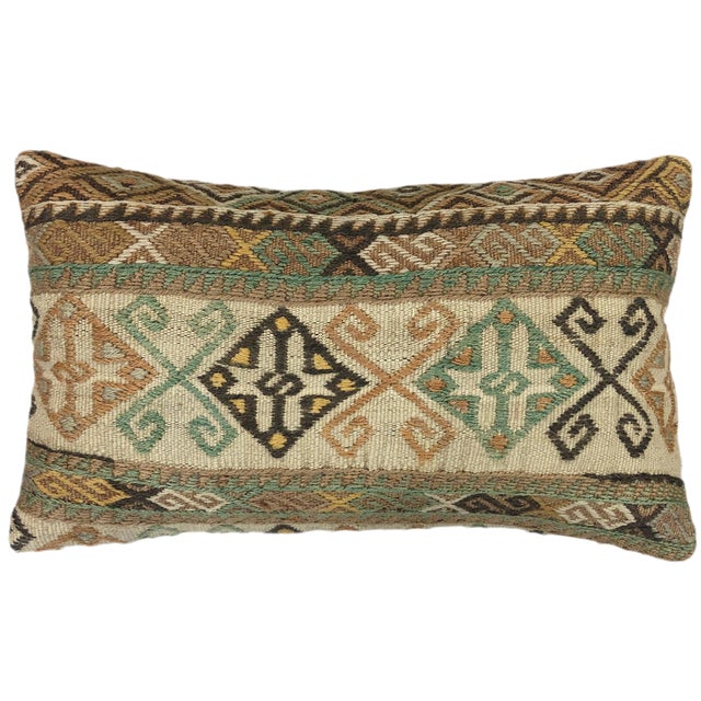 Hand Embroidered Kilim Lumbar Pillow In Cream And Mint Green