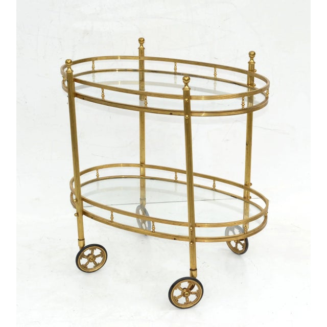 Mid-Century Modern Maison Bagués 2 Tier Oval Brass & Glass Bar Cart Mid-Century Modern France 1950 For Sale - Image 3 of 13