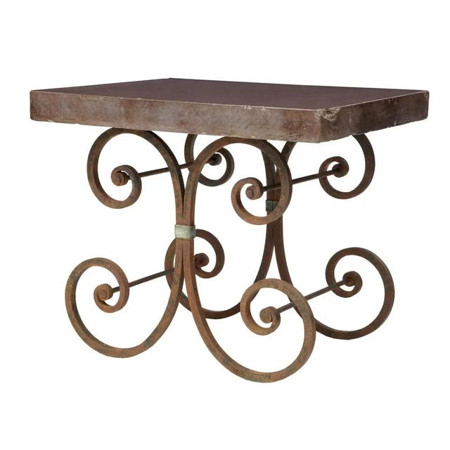 1920s French iron baker tables marble top circa 1920. Stunning bakers table which could function in the kitchen, garden...