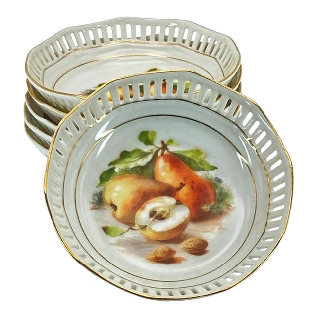 Set of 6: Schumann Bavaria/Arzberg Reticulated Porcelain Berry Bowls (Fruit Design) Vintage 1950s For Sale