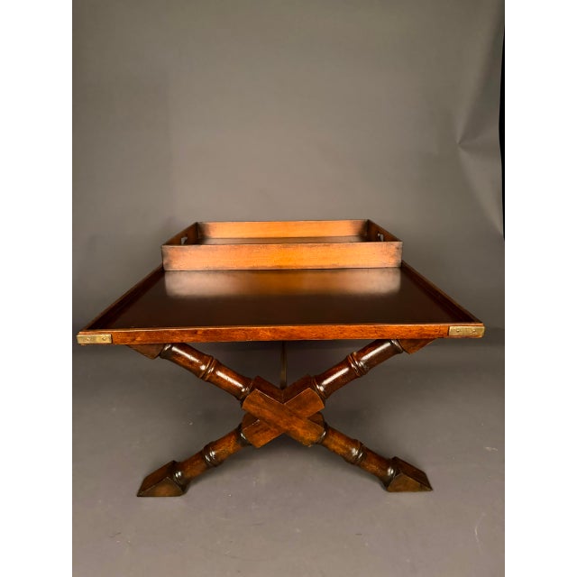 Vintage Campaign Style Mahogany Coffee Table With Removable Leather-Lined Trays & Brass Accents, Circa 1980 For Sale - Image 13 of 13