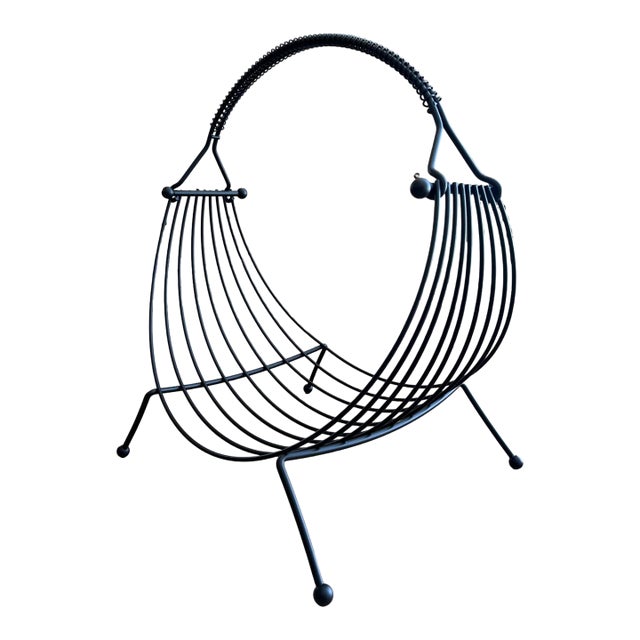 Mid Century Modern Atomic Restored Kitsch Magazine Rack Log Holder Wrought Iron Vintage Small Attributed to Richard Galef For Sale