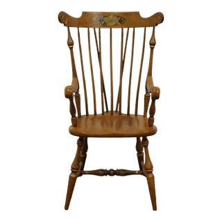 Ethan Allen Hand Decorated Hitchcock Inspired Solid Maple Fiddleback Duxbury Accent Arm Chair 14-6072a - 601 Nutmeg Finish For Sale
