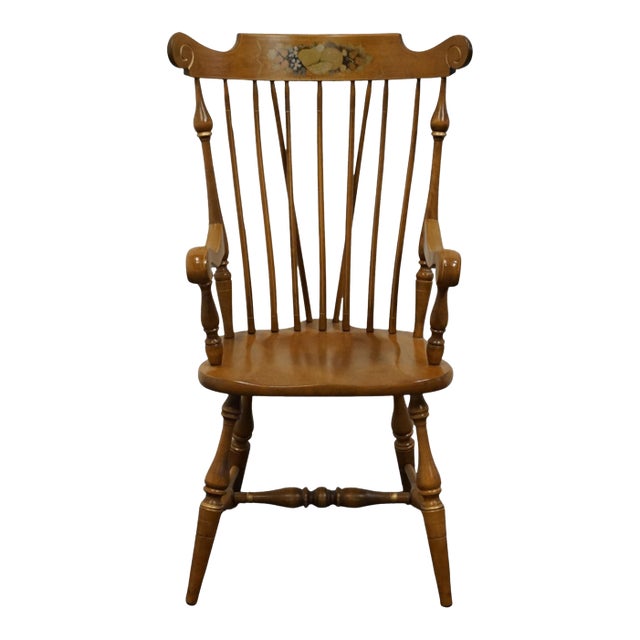 Ethan Allen Hand Decorated Hitchcock Inspired Solid Maple Fiddleback Duxbury Accent Arm Chair 14-6072a - 601 Nutmeg Finish For Sale