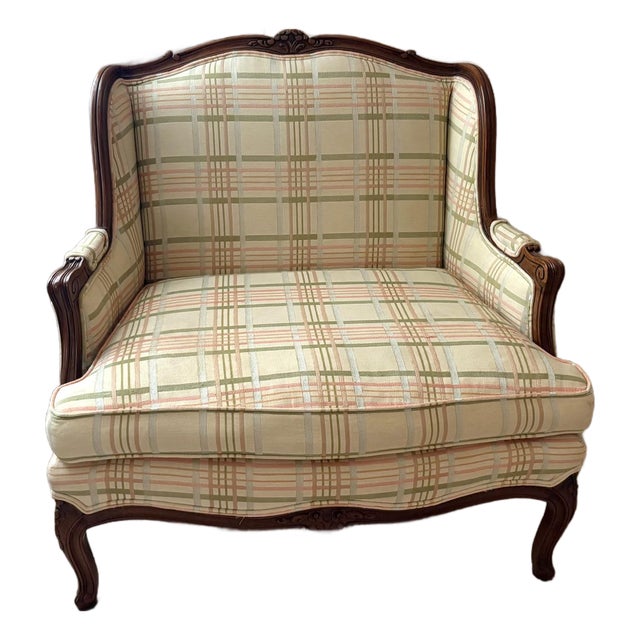French-Style Oversized Plaid Armchair For Sale