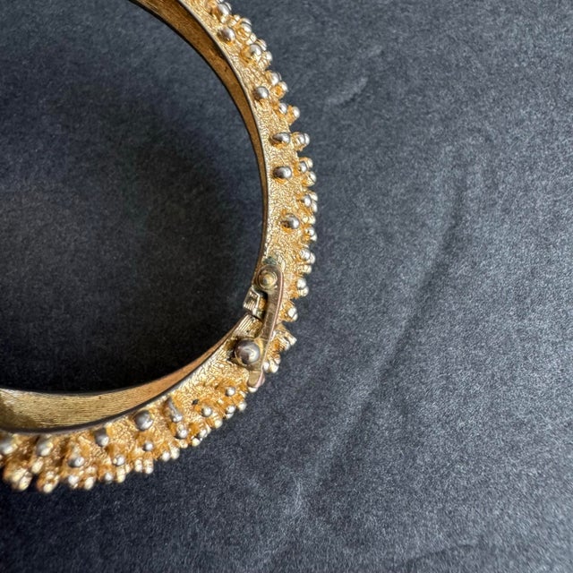 1960s Vintage Monet Hinged Bangle Bracelet Textured Gold Tone Statement For Sale - Image 5 of 12