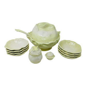 Vintage 1975 Holland Mold Cabbage Leaf Serving Set | Signed by Artist Ginny | 15-Piece Tureen Set | Kitsch Farmhouse Decor