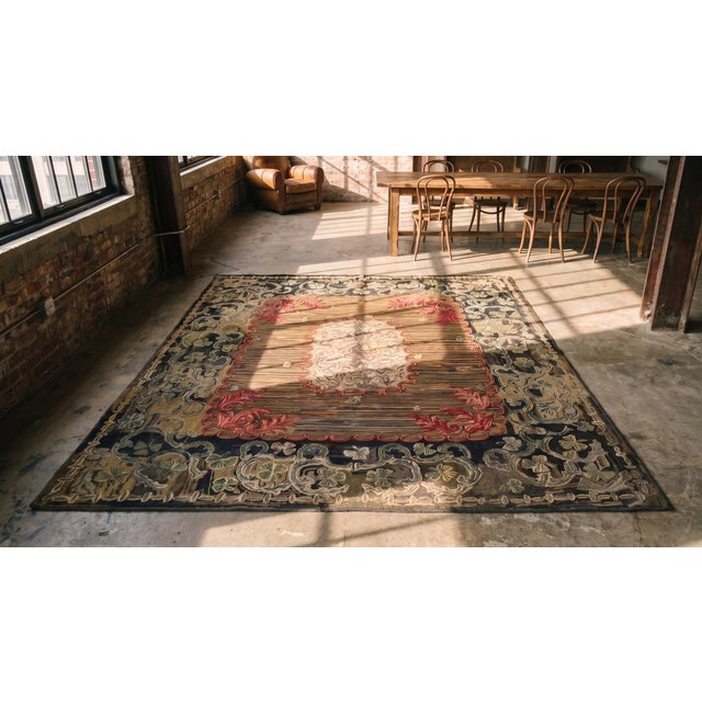 Textile Lovely Ligth Brown & Rustic Floral-Medallion Pattern Antique American Hooked Rug For Sale - Image 7 of 8