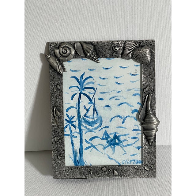 Mini Florida sea scape Sunny Isles Beach in monochrome blue by Elia, framed in lovely metal sea shells frame.
