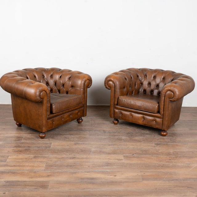 20th Century Brown Leather Chesterfield Sofa and Two Club Chairs From Denmark (Set of 3) For Sale - Image 4 of 14