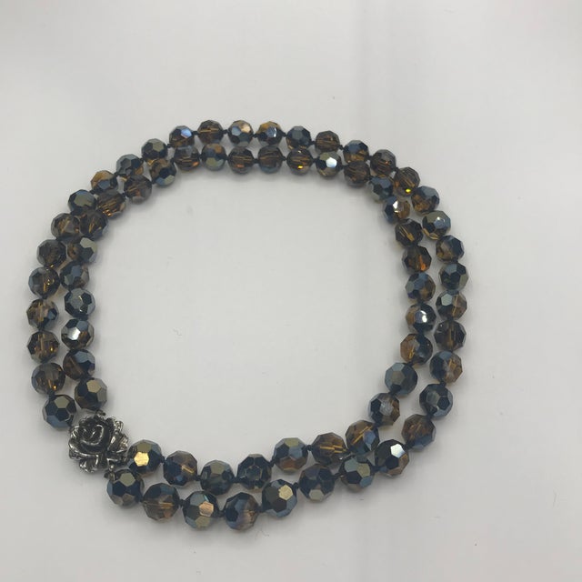 1950s Signed Vogue Chocolate Brown Aurora Borealis Double-Strand Necklace With Rose Clasp For Sale In New York - Image 6 of 6