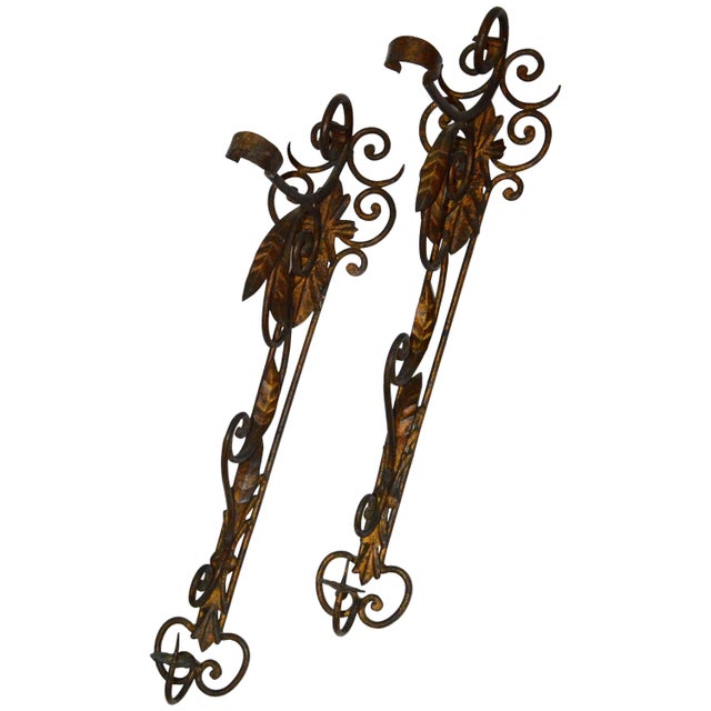 Metal Pair of Metal Candleholder Wall Sconces With Foliate and Scrolls For Sale - Image 7 of 7