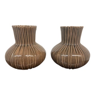 Barbara Eigen Ribbed Ceramic Vases, Pair For Sale