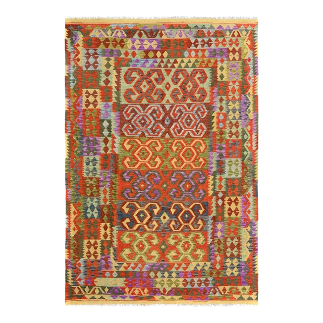1990s 1990s Kilim Red Green Wool Rug - 6'6" X 9'8" For Sale