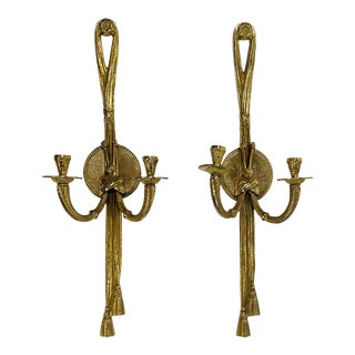 Vintage Large Brass Rope and Tassel Candle Wall Sconces, Pair For Sale