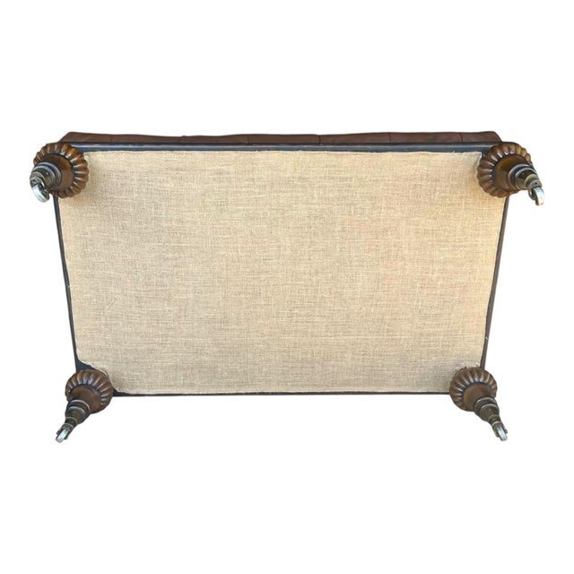 Vintage Tufted Brown Leather Ottoman Bench With Nailhead Trim & Carved Wood Legs on Casters For Sale - Image 10 of 15
